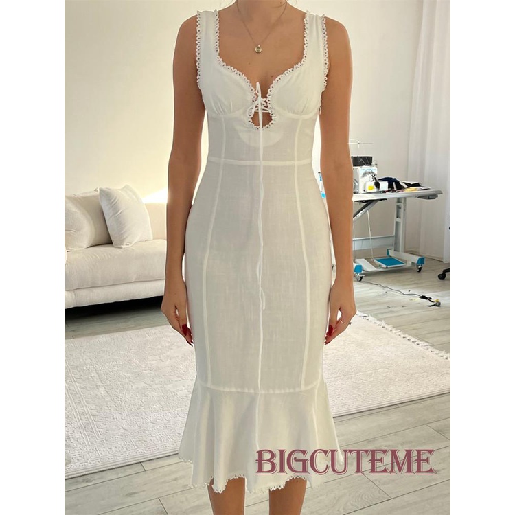 [] - Đầm Ôm Dáng Không Tay Nhún Bèo Thắt Dây Màu Trơn Dành Cho Nữ