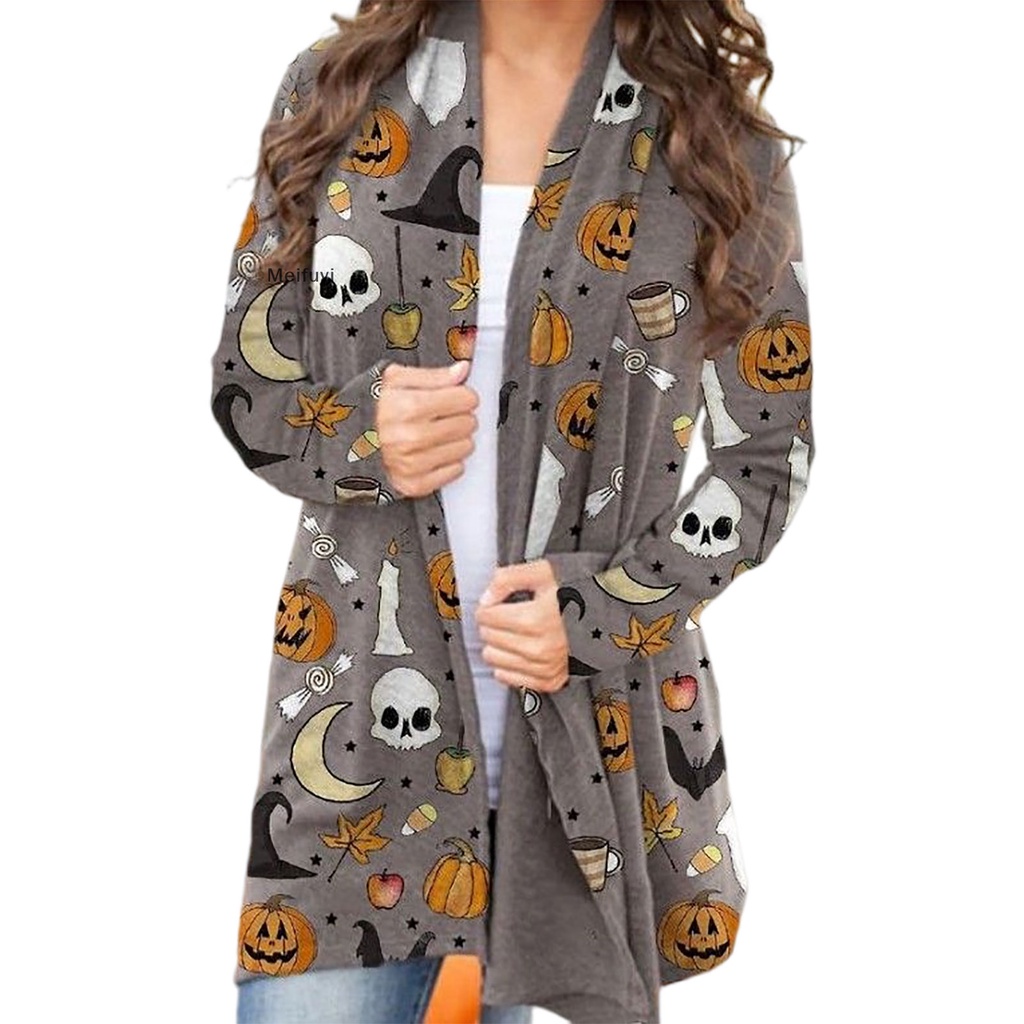 [Meifuyi] Áo Khoác Cardigan Dệt Kim Tay Dài Hình Mèo Bí Ngô Halloween Cho Nữ
