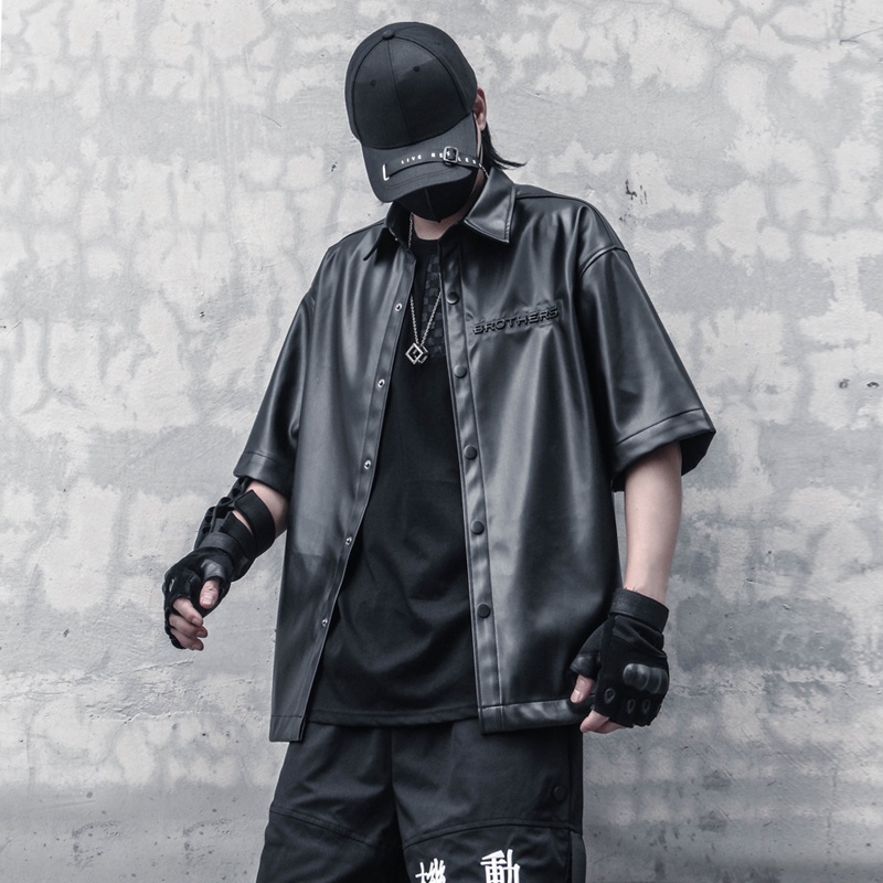 Áo Khoác Da PU Tay Ngắn Dáng Rộng Dập Nổi Họa Tiết Đường Phố Mỹ Cá Tính Thời Trang Mùa Hè Cho Nam