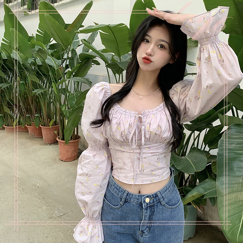 Áo Croptop Tay Dài In Họa Tiết Hoa Phong Cách Hàn Quốc Dành Cho Nữ
