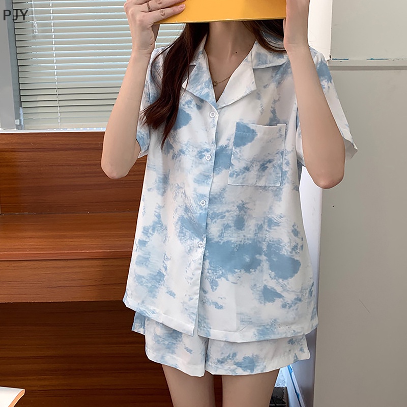 Bộ Đồ Ngủ Ngắn Tay Màu Nhuộm Thời Trang Mùa Hè Hàn Quốc