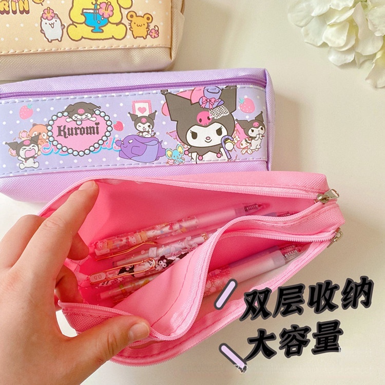 Túi Đựng Bút Chì Hai Ngăn Sức Chứa Lớn Họa Tiết Hoạt Hình Sanrio Có Khóa Kéo Cho Bé