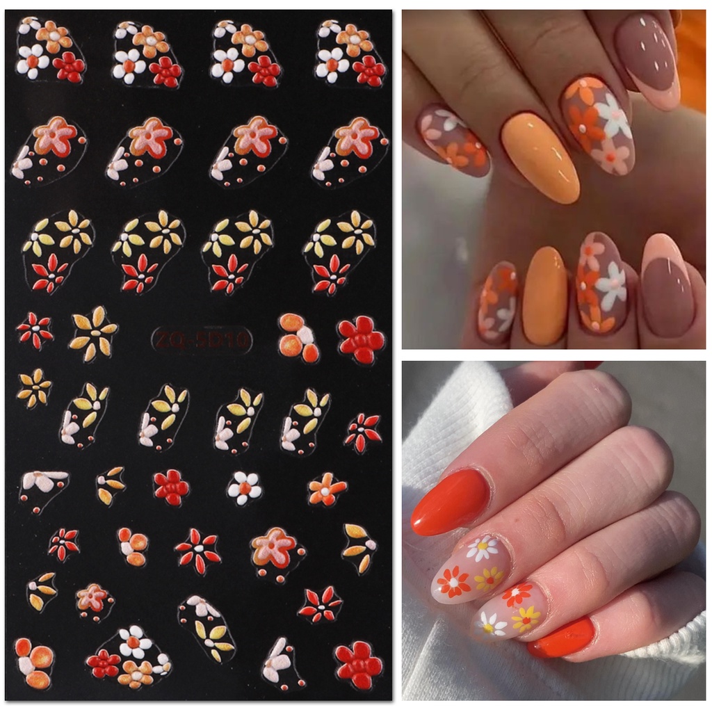 Miếng Dán Móng Tay Dập Nổi Họa Tiết Hoa Năm Cánh Trái Tim Màu Sắc Mùa Hè Pháp
