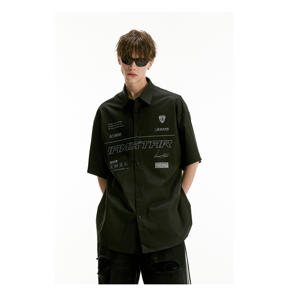 [Luhu Same Style] Áo Sơ Mi Đen Tay Ngắn In Hình Thiết Kế Xây Dựng Đường Phố Mùa Hè