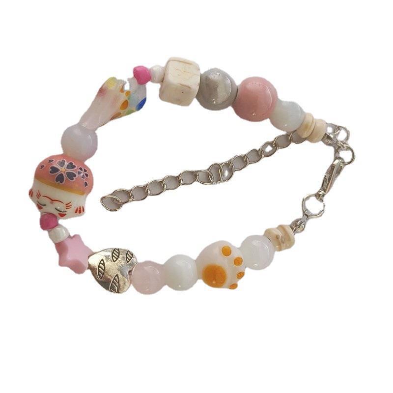 Vòng Tay Chuỗi Hạt Thiết Kế Mèo May Mắn Hoạt Hình Dễ Thương Ngọt Ngào Dễ Phối Đồ niche Cho Nữ