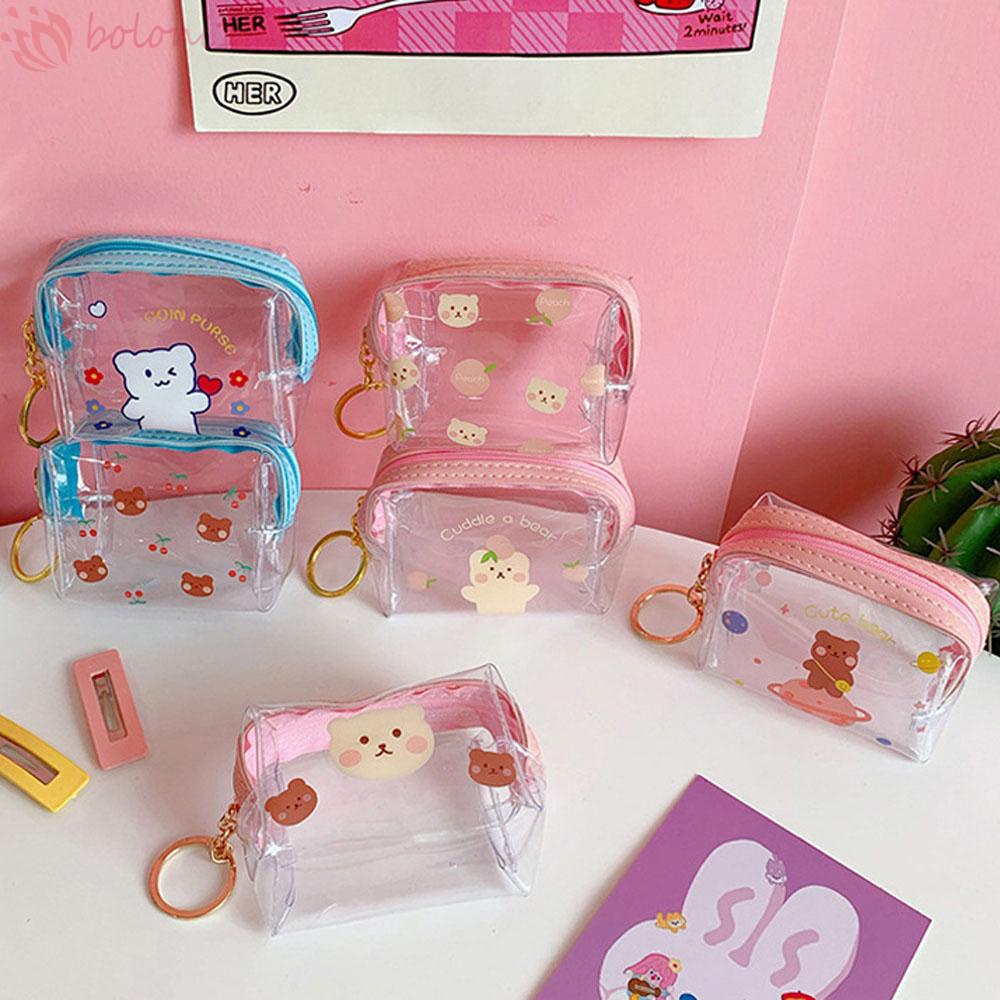 Ví Đựng Tiền Xu / Chìa Khóa / Tai Nghe / Thẻ Mini Trong Suốt In Họa Tiết Gấu / Cherry Dễ Thương Có Khóa Kéo Cho Nữ