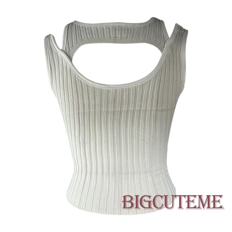 [] Áo Tank Top Dệt Kim Không Tay Cổ Tròn Khoét Rỗng Màu Trắng / Xanh Lá Cho Nữ Đi Tiệc Đêm