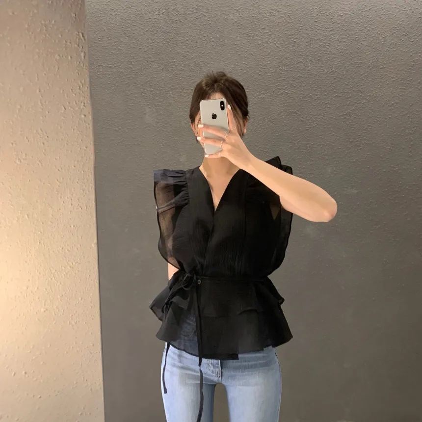 Áo Sơ Mi Cổ Chữ V Không Tay Phối Bèo Thời Trang Mùa Hè Hàn Quốc 2023 Dành Cho Nữ