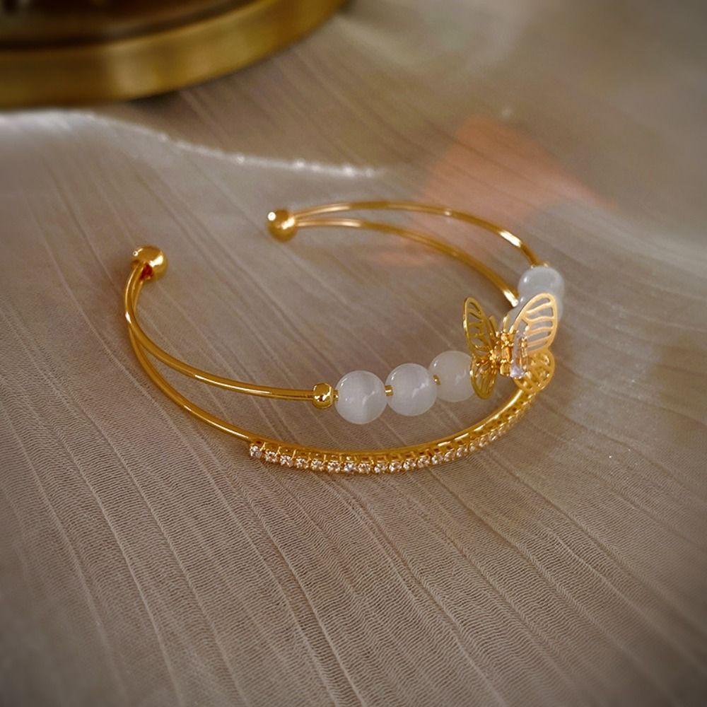 OCEANMAP Vòng Đeo Tay Dạng Mở 2 Lớp Xâu Hạt Mắt Mèo Màu Bạc Phong Cách Hàn Quốc Cổ Điển