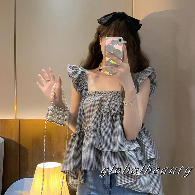 Áo Croptop Tay Phồng Họa Tiết Sọc Caro Ngọt Ngào Thời Trang Mùa Hè Cho Nữ