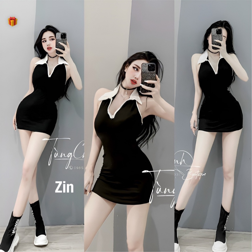 Đầm body nữ đi chơi đi quẩy dáng ngắn cổ yếm hở lưng kiểu cổ bẻ chất thun gân xinh hot alohastore1
