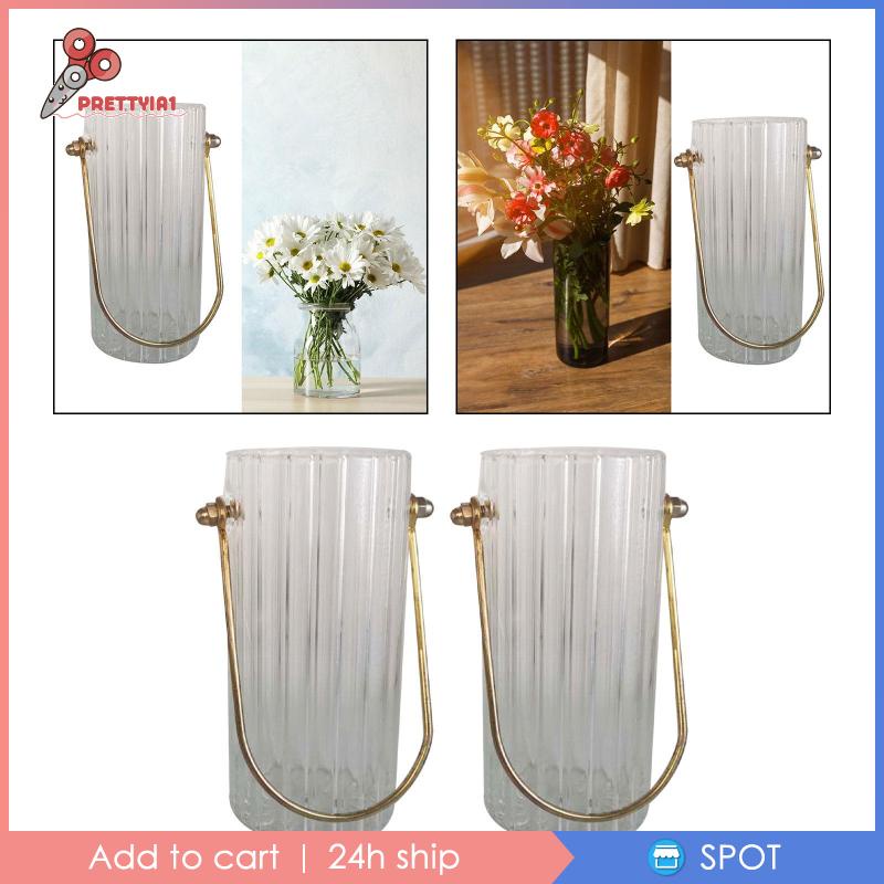 [Prettyia1] Bình Hoa Thủy Tinh Trong Suốt Hình Trụ Với Tay Cầm Kim Loại Kẻ Sọc Tròn