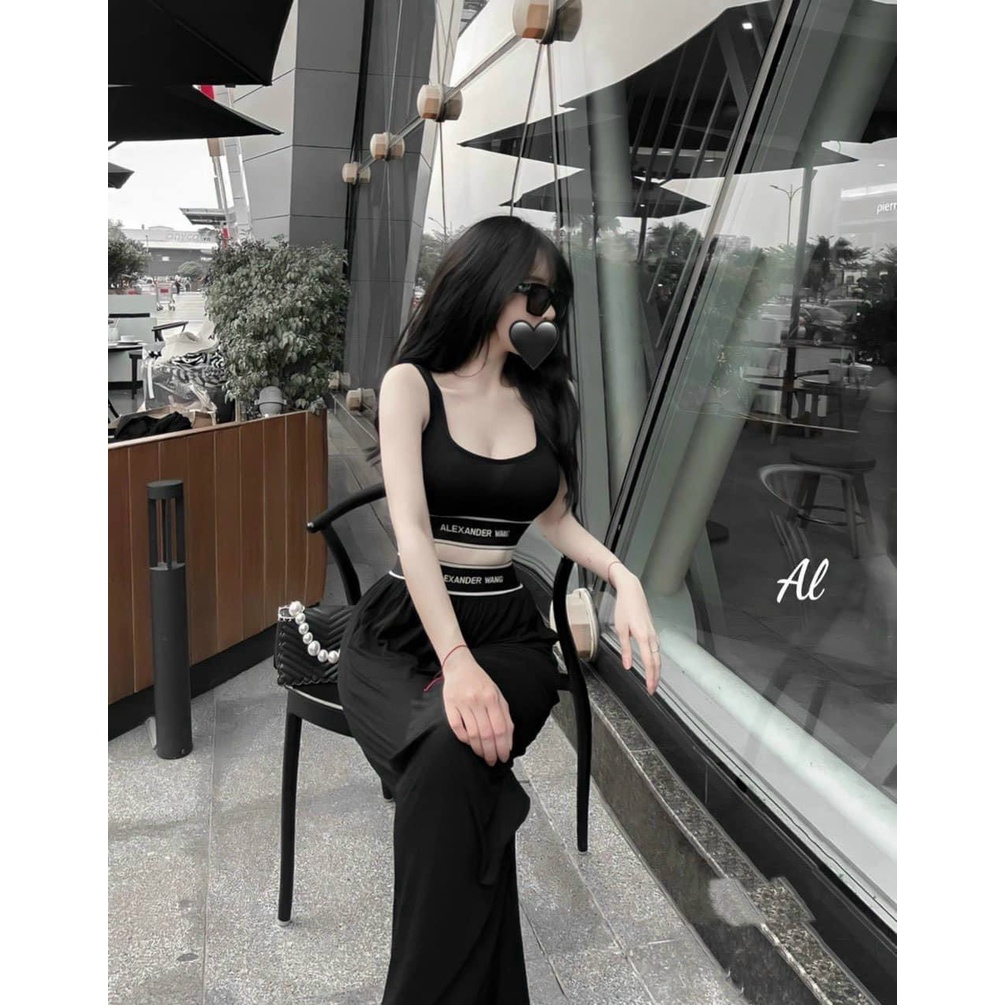 Set Bộ Thun Dẻo Áo Ba Lỗ Dáng Croptop Phối Chữ Kèm Quần Dài Ống Suông Lưng Chun , Màu Đen Co Dãn Thỏa Mái
