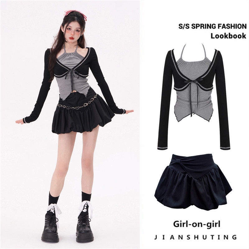 Set Áo Thun Tay Dài Dáng Ngắn Phối Chân Váy Ngắn Thời Trang Mùa Hè Xinh Xắn Cho Nữ