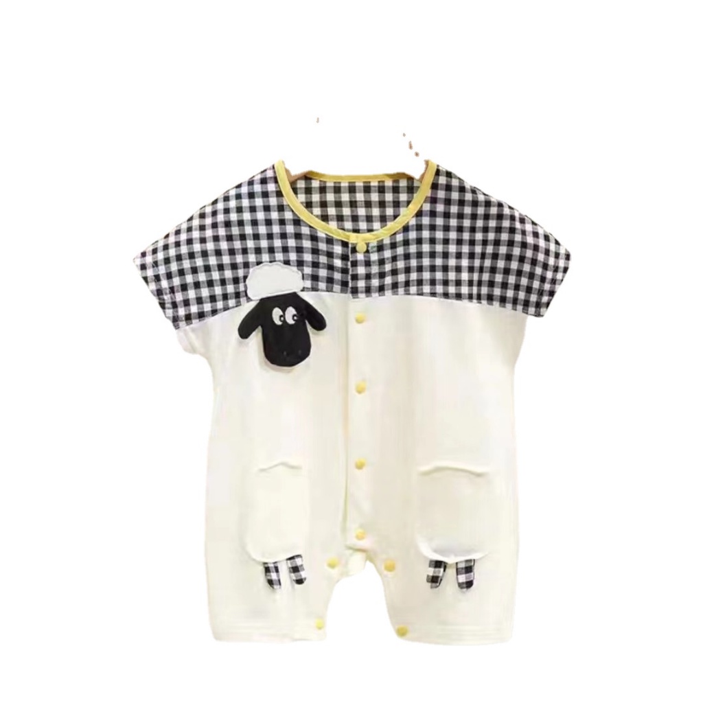 Bộ Áo Liền Quần Bằng Cotton Tay Ngắn In Họa Tiết Caro / Cừu Dễ Thương Thời Trang Mùa Hè Cho Bé Trai Và Gái 0-2