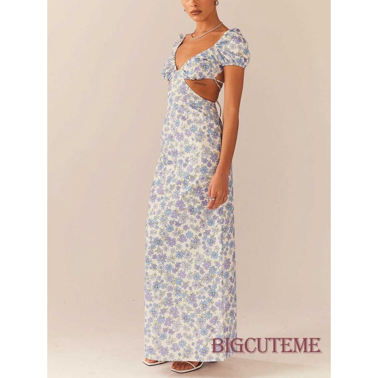Đầm Dài Tay Ngắn Hở Lưng Họa Tiết Hoa Thời Trang Mùa Hè Cho Nữ