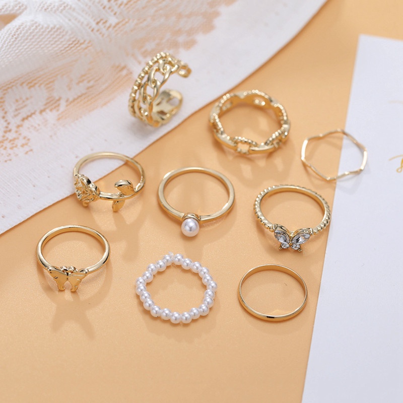 Ygt Set 10 Nhẫn Đeo Khớp Ngón Tay Họa Tiết Hình Học Đính Ngọc Trai / Hoa Hồng / Bướm / Hình Học Phong Cách