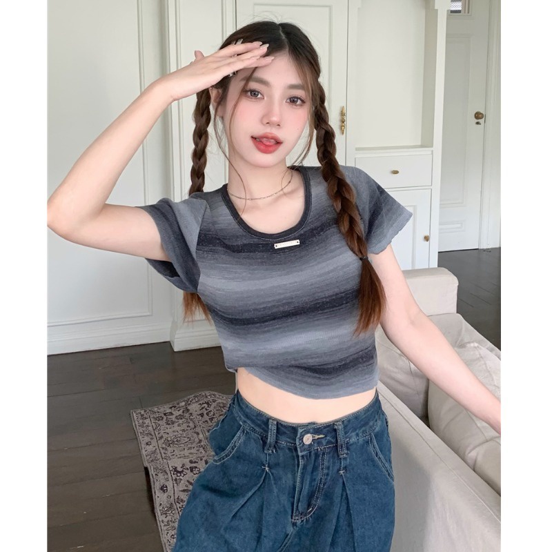 Áo Thun Ngắn Tay Dáng Ôm Họa Tiết Kẻ Sọc Thời Trang Mùa Hè Phong Cách Hàn Quốc Cho Nữ
