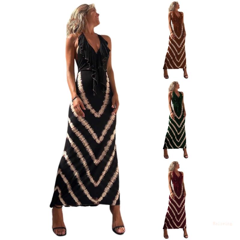 Đầm Dự Tiệc Sát Nách Hở Lưng Cổ Chữ V Phối Bèo Phong Cách Vintage Gợi Cảm Cho Nữ