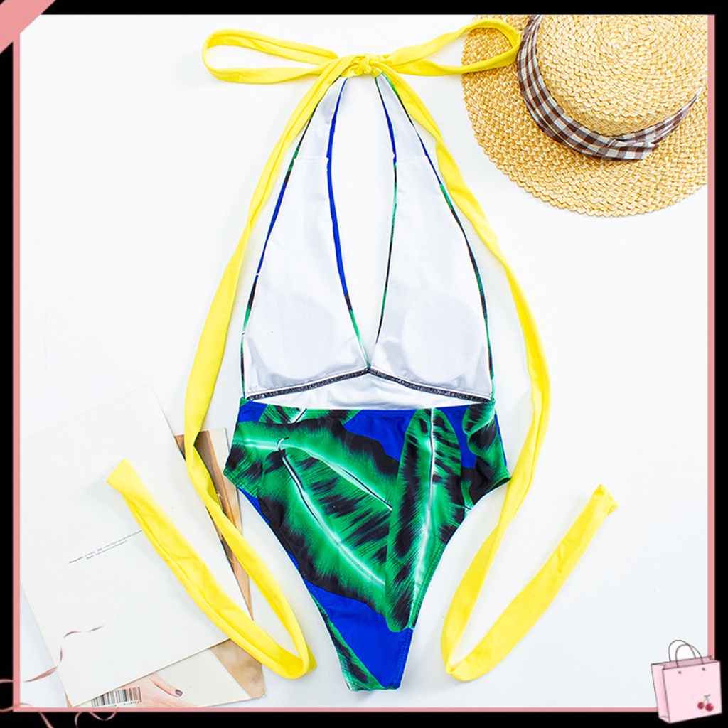 {Soltweter} Bikini Liền Thân Lưng Cao Cổ Chữ V In Họa Tiết Lá Nhiệt Đới Cho Nữ