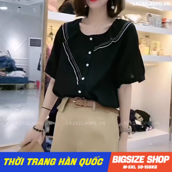 Áo sơ mi nữ tay ngắn Bigsize Áo kiểu tiểu thư form rộng cổ tròn đen mùa hè Phong cách Hàn Quốc Thời Trang đẹp