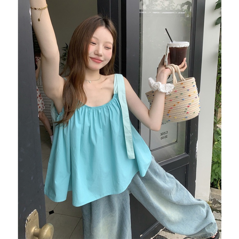 Áo Hai Dây Dáng Rộng Màu Sắc Đơn Giản Cho Nữ