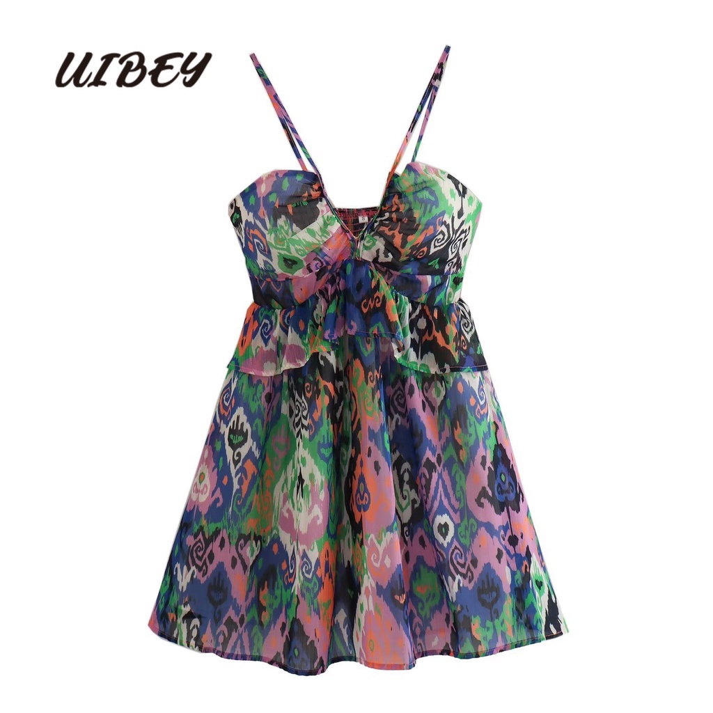 Uibey Đầm Mini Cổ Chữ V In Họa Tiết Quyến Rũ 6403