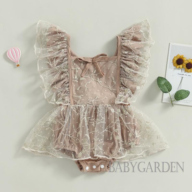 Bộ Áo Liền Quần Không Tay Phối Lưới Thêu Hoa Xinh Xắn Cho Bé Gái 0-24 Tháng Tuổi