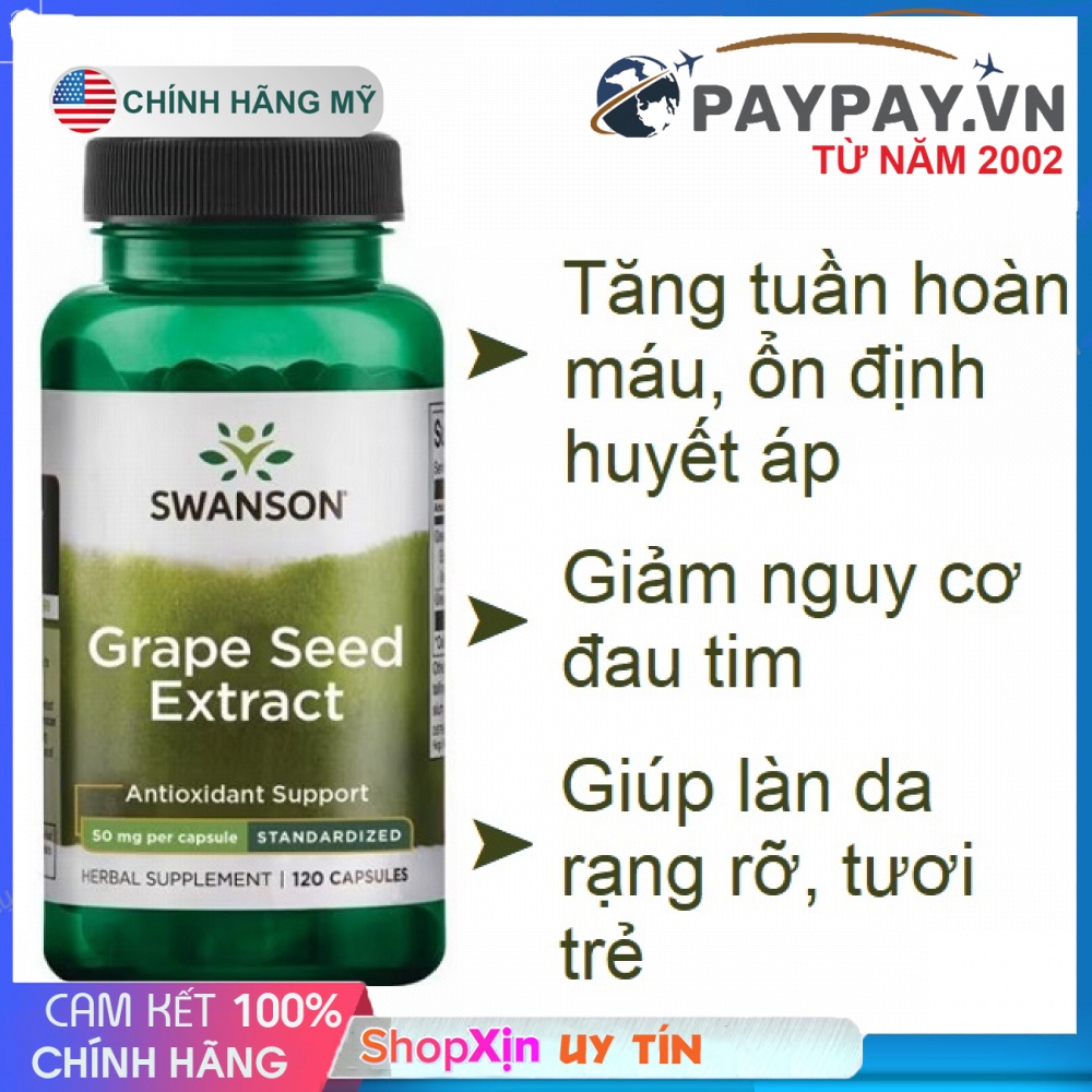 Viên uống tinh chất hạt nho bảo vệ Tim Mạch Huyết áp làm đẹp da Swanson Grape Seed Extract 120 Viên của Mỹ