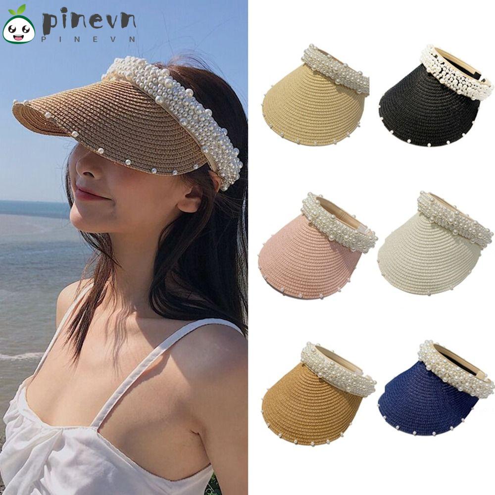 PINEVN Mũ Cói Hở Chóp Chống Nắng / Tia UV Đính Ngọc Trai Thời Trang Đi Biển Mùa Hè