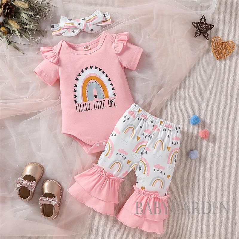 Set Áo Liền Quần + Quần Ống Loe + Băng Đô In Họa Tiết Cầu Vồng Dành Cho Bé Gái 3-24 Tháng Tuổi
