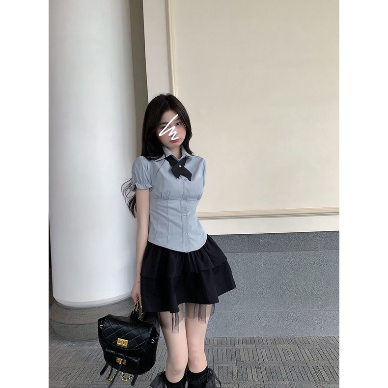 Bộ Áo Tay Phồng Phối Ren + Chân Váy Ngắn Lưng Cao Thời Trang Hàn Quốc Xinh Xắn Cho Nữ