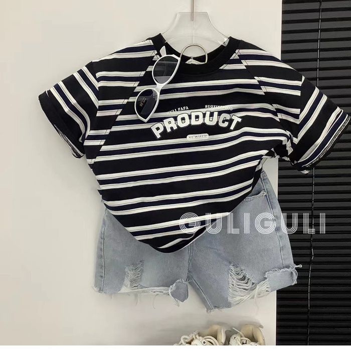 Áo Thun Dáng Rộng Họa Tiết Kẻ Sọc Phong Cách Hàn Quốc Thời Trang Mùa Hè Xinh Xắn Cho Bé