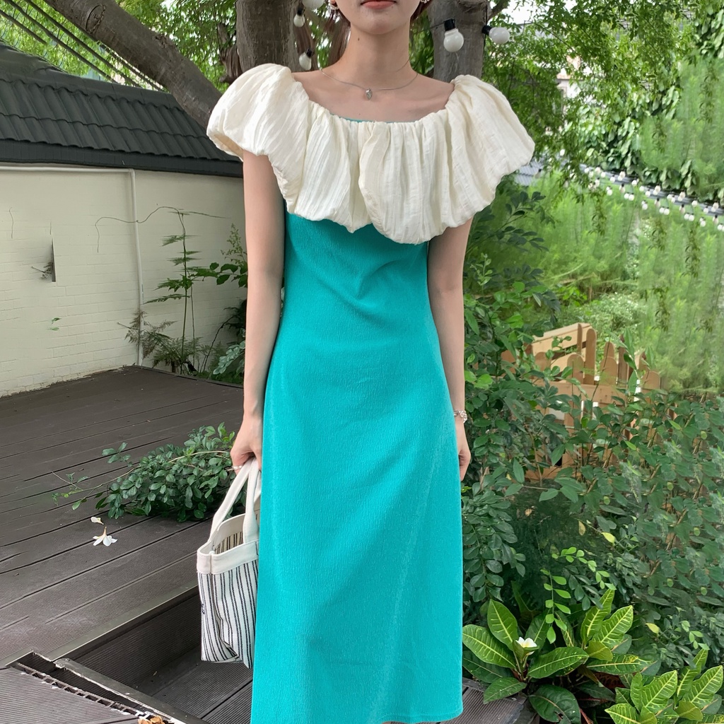 Đầm Chữ A Hở Vai Cổ Đứng Màu Tương Phản Phong Cách Hàn Quốc Thời Trang Mùa Hè Cho Nữ