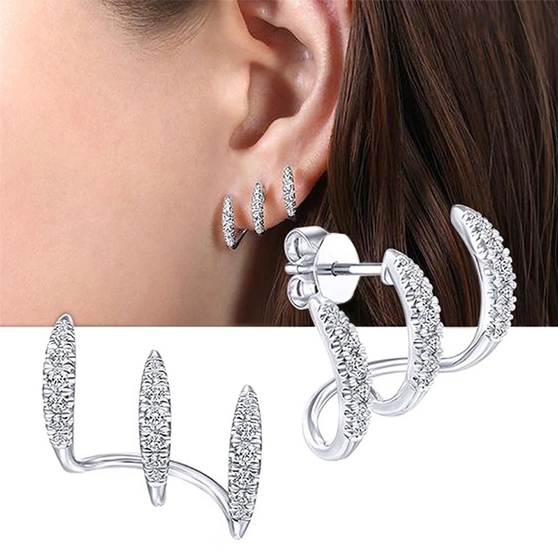 Ygt S925 Bộ Khuyên Tai Cong Ba Lớp Kim Cương Lạnh