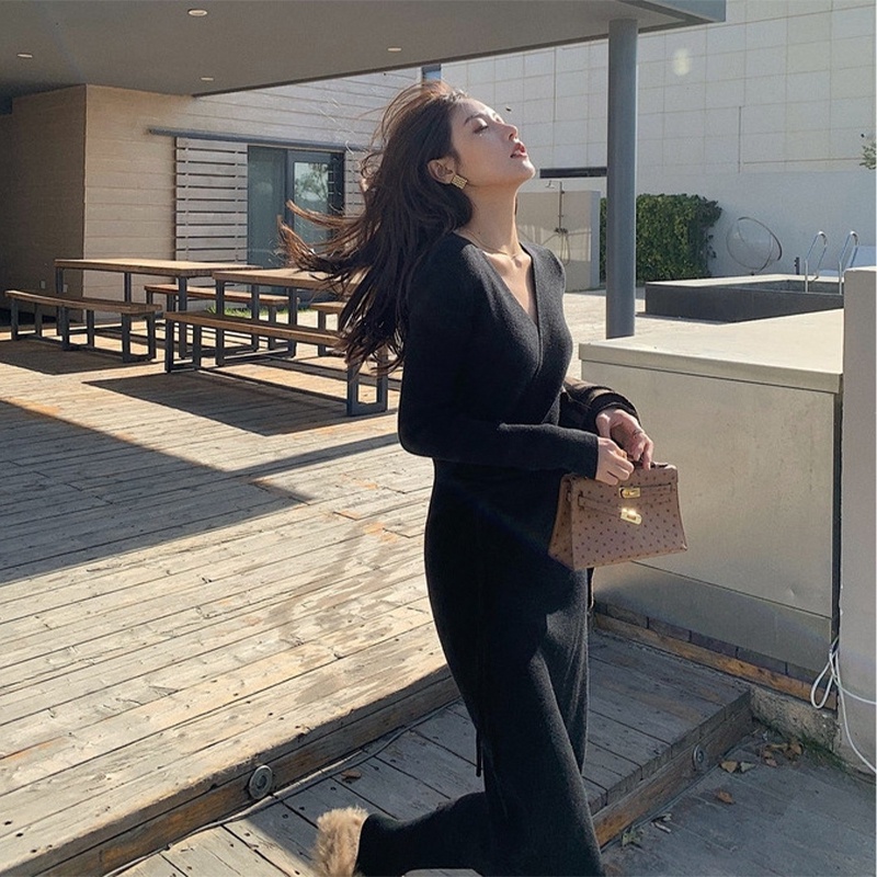 Đầm Dệt Kim Dài Tay Cổ Chữ V Thiết Kế Xẻ Tà Thời Trang Mới Cho Nữ