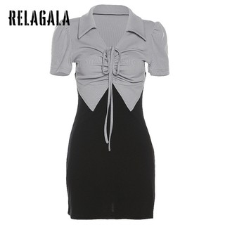 RelaGala Nữ Mới Thường Ngày Đơn Giản Thời Trang Tay Ngắn Ve Áo Cao Cấp Hông Đầm