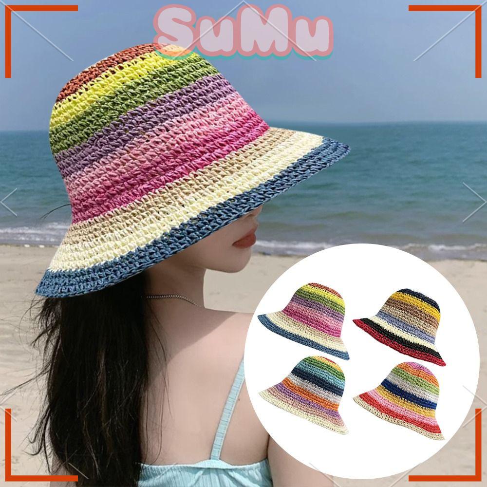 SUMU Mũ Đan Rơm Chống Nắng / Tia UV Màu Sắc Cầu Vồng Có Thể Gập Lại Dành Cho Hoạt Động Ngoà