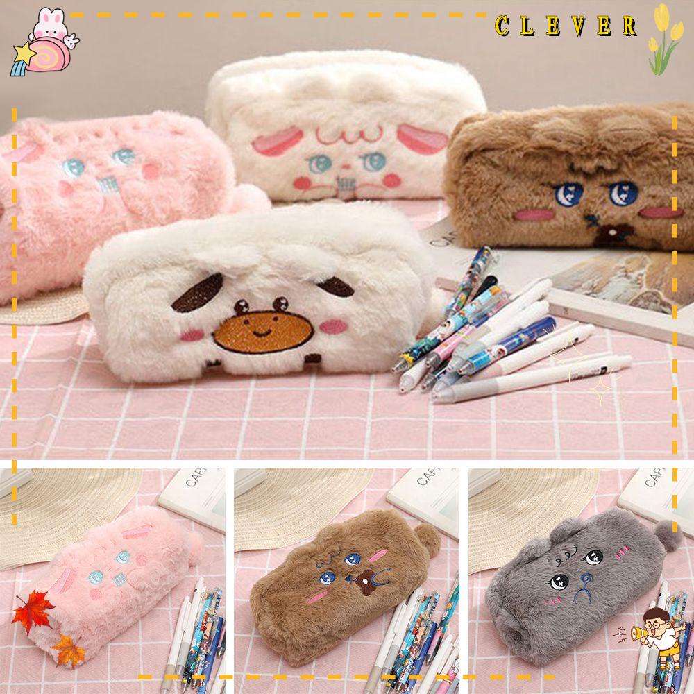 CLEVER Túi Đựng Bút Bằng Vải Canvas Phối Lông Dễ Thương