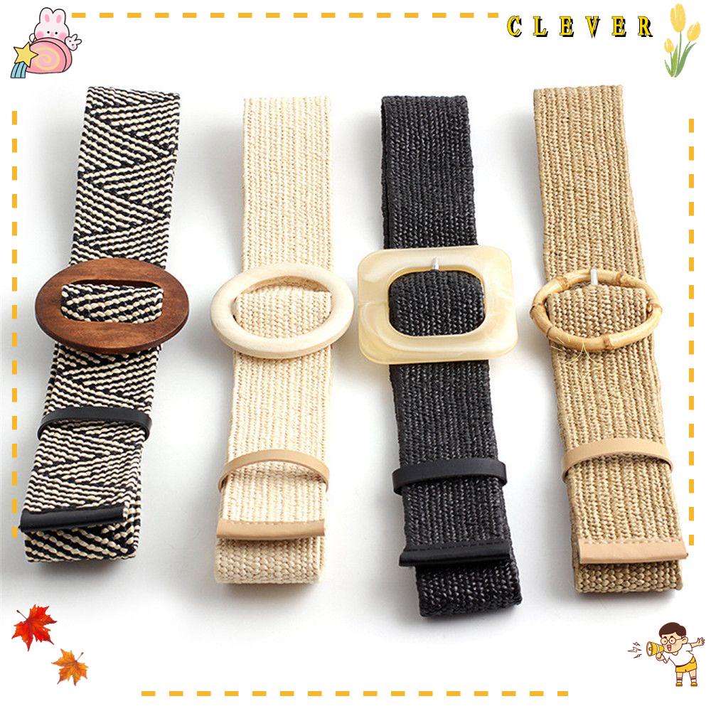 CLEVER Thắt Lưng Đan Rơm Bản Rộng Phối Khóa Gỗ Thời Trang Mùa Hè
