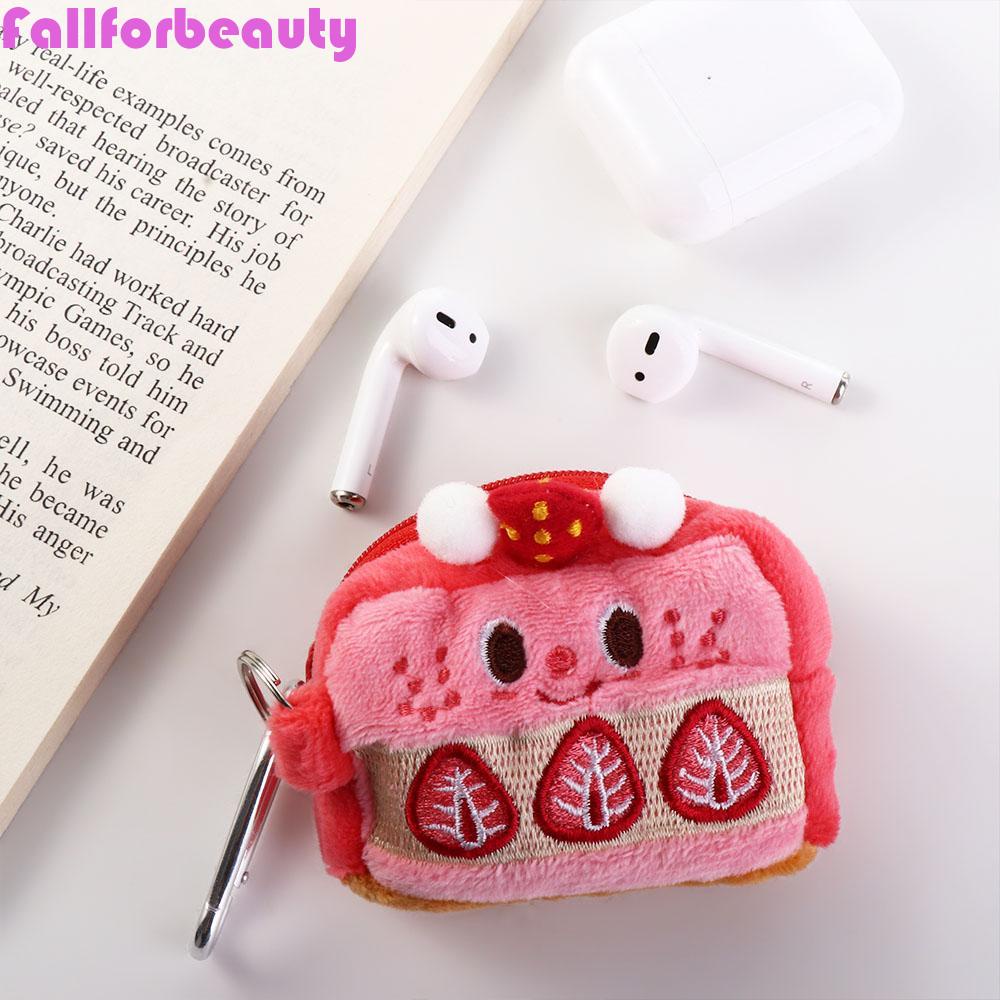 FALLFORBEAUTY Ví Đựng Tiền Xu Mini Thêu Họa Tiết Trái Dâu Dễ Thương Kèm Móc Khóa Tiện Dụng