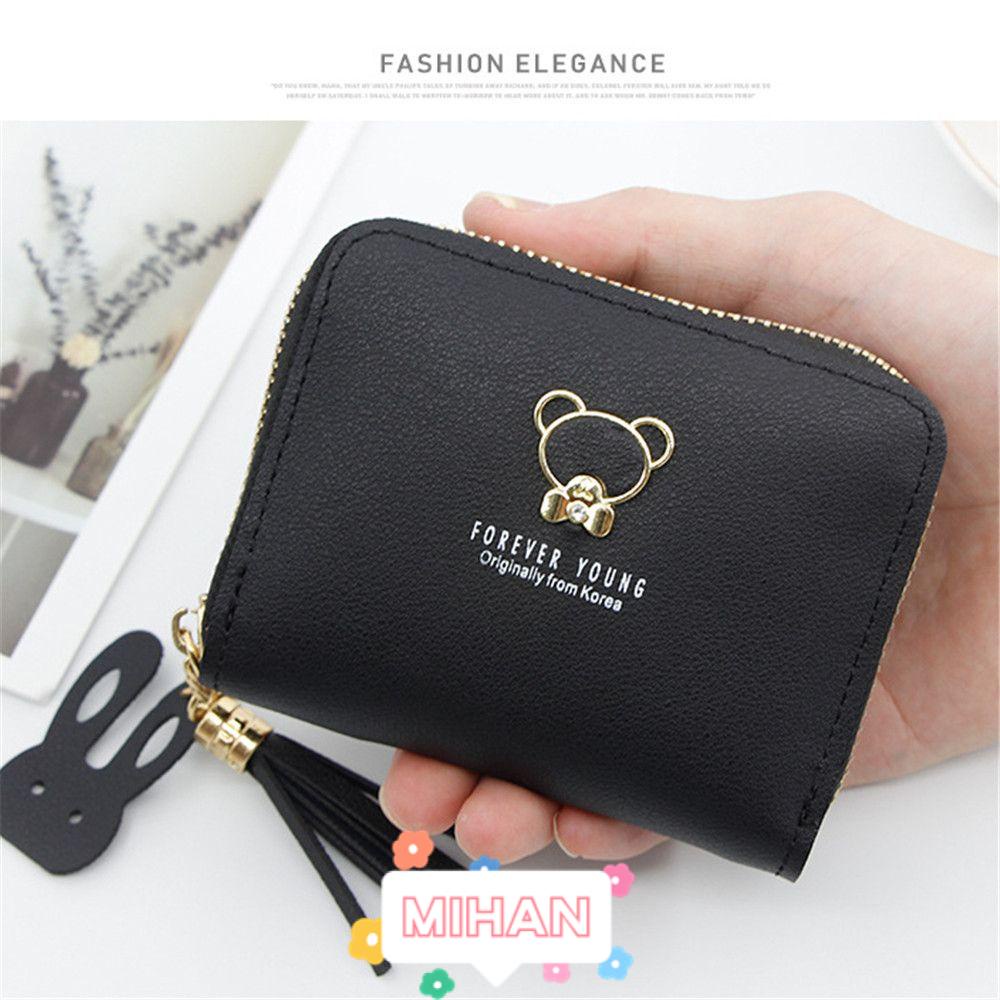 MIHAN1 Ví Ngắn Đính Tua Rua Hình Gấu Dễ Thương Cho Nữ