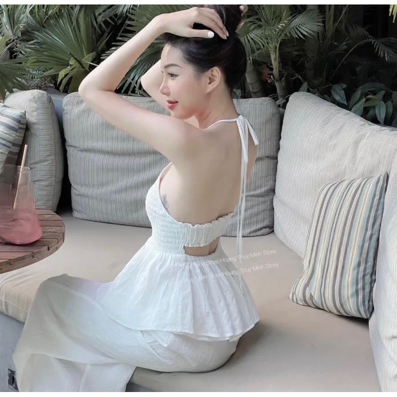 Set Bộ Đũi Lạnh Áo Yếm Nhún Cúp Hở Lửng Bảng Ngang Xoè + Quần Ông Xuông alohashop91