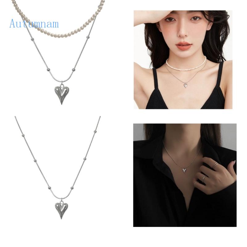 Vòng Cổ Choker Hai Lớp Mặt Hình Trái Tim Đính Ngọc Trai Đơn Giản Thời Trang