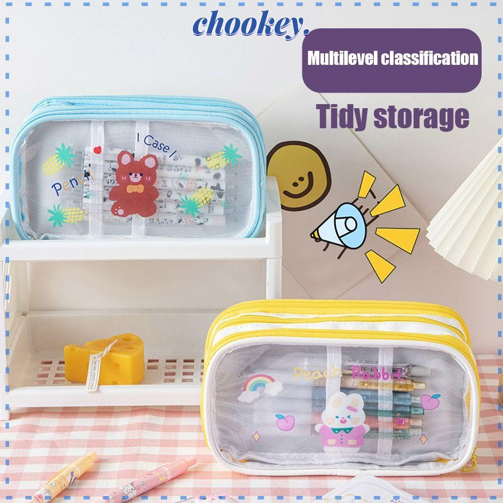 CHOOKEY Túi Đựng Bút Trong Suốt Nhiều Ngăn Đa Năng Họa Tiết Hoạt Hình Xinh Xắn Ốp