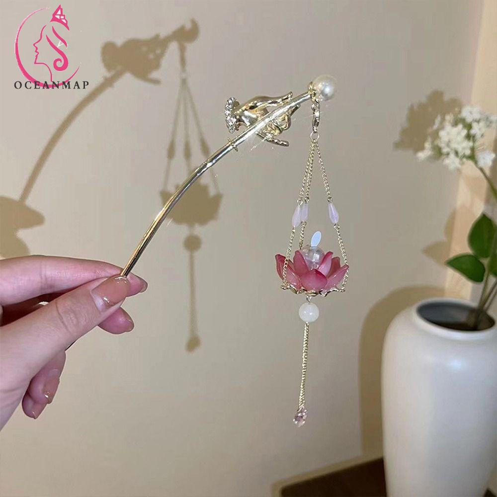 OCEANMAP Trâm Cài Tóc Hình Hoa Sen Đính Hạt Và Đèn LED Phát Sáng Dành Cho Nữ