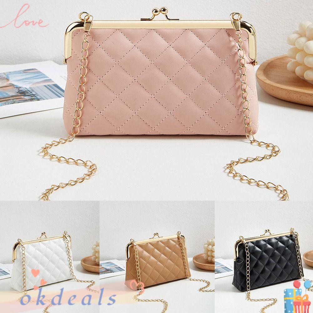 OKDEALS Túi Xách Da PU Phối Dây Xích Trọng Lượng Nhẹ Họa Tiết Kẻ Sọc Chất Lượng Cao Cho Nữ