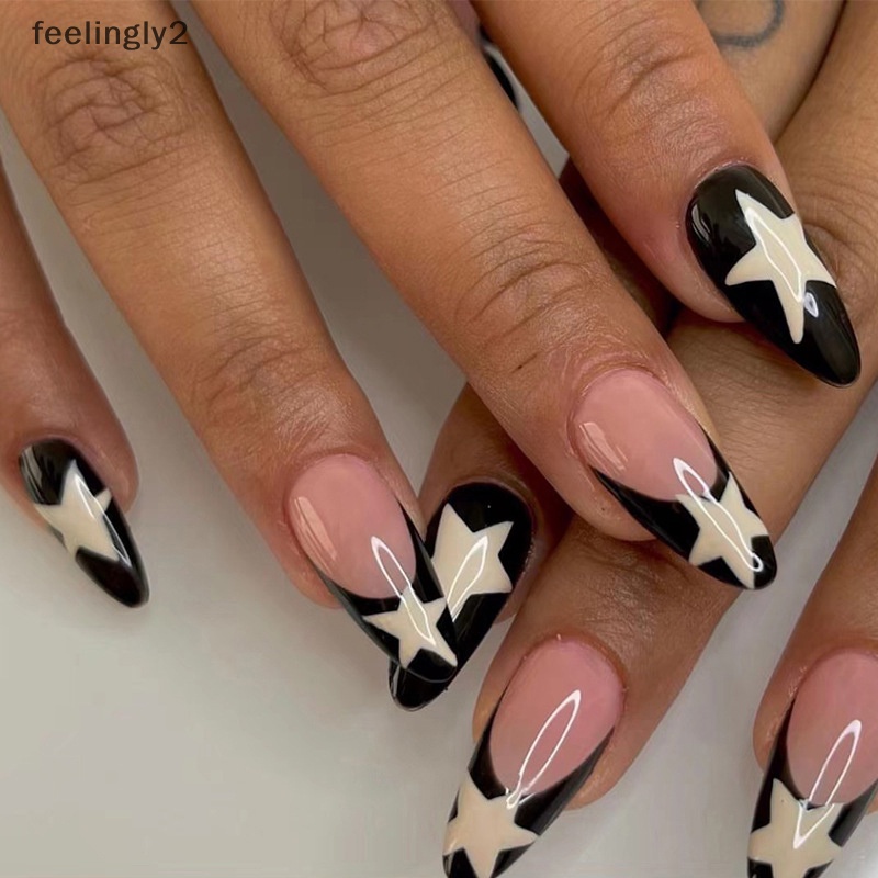 Bộ 24 Móng Tay Giả Pháp Y2k Dạng Nhấn Hình Hạt Kim Cương Có Thể Mặc Với Thiết Kế Toàn Diện (F)