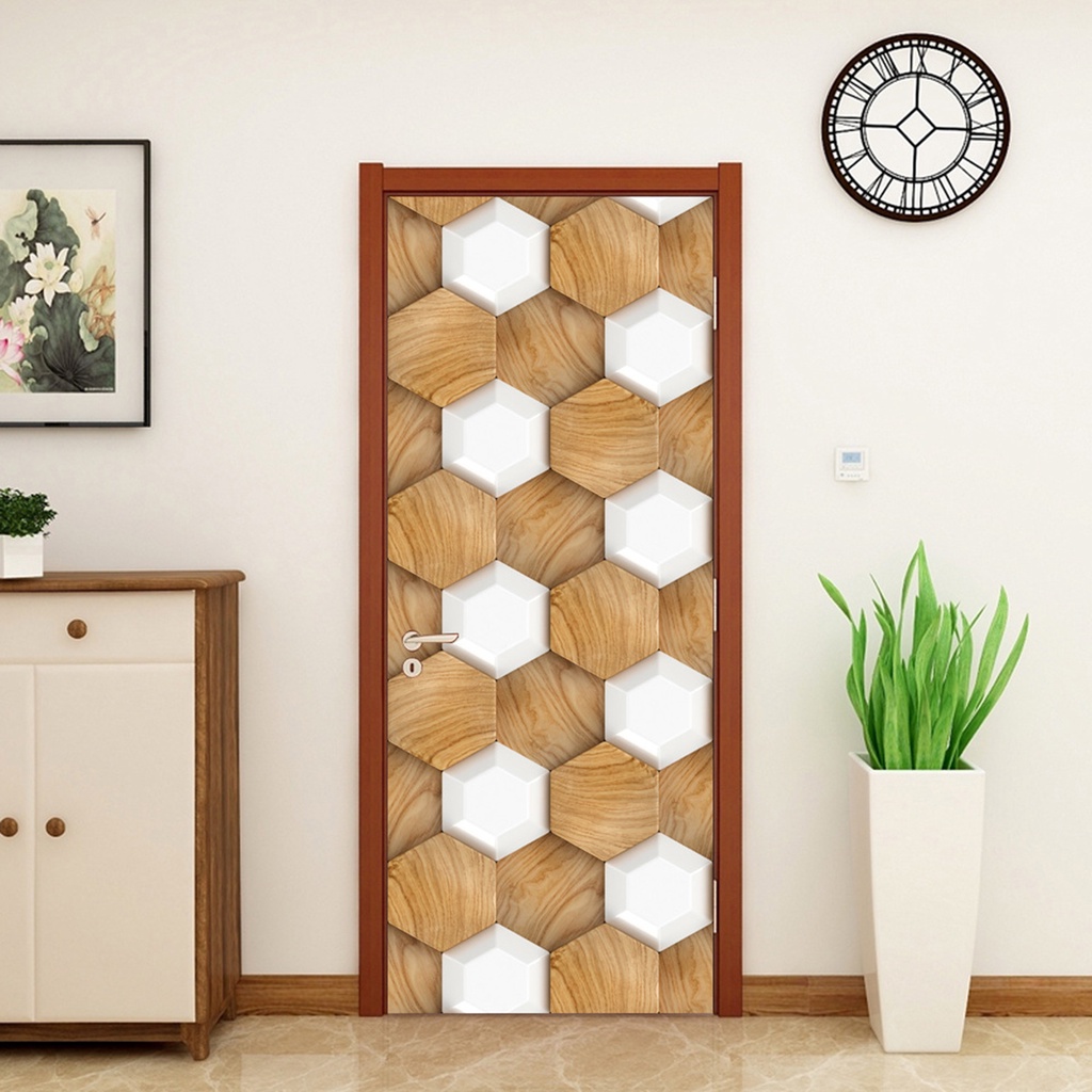 Set 2 Miếng Dán Tường / Cửa Họa Tiết Hình Học 3D Bằng PVC Chống Thấm Nước Trang Trí Phòng Khách