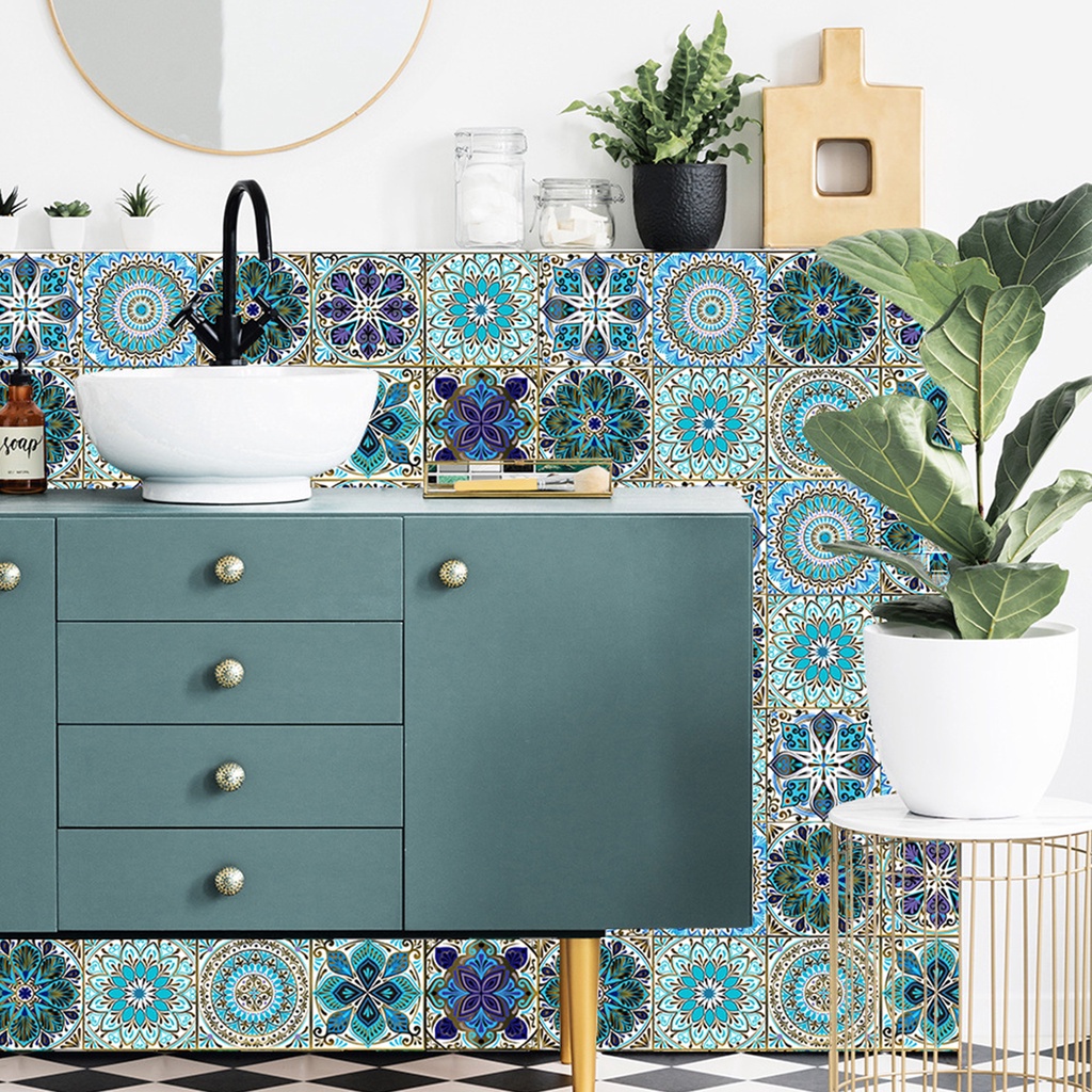 Set 10 Miếng Dán Tường Bằng PVC Cứng Chống Nước Chống Mòn Họa Tiết Mandala Cho Nhà Tắm